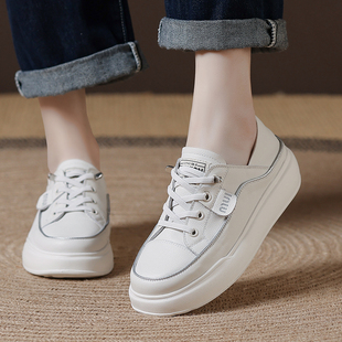 头层牛皮厚底增高板鞋女2025春夏新款百搭圆头休闲女鞋两穿小白鞋