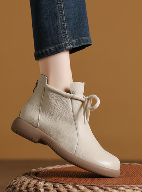 头层牛皮冬季加绒马丁靴女短靴系带软底舒适平底妈妈鞋切尔西单靴