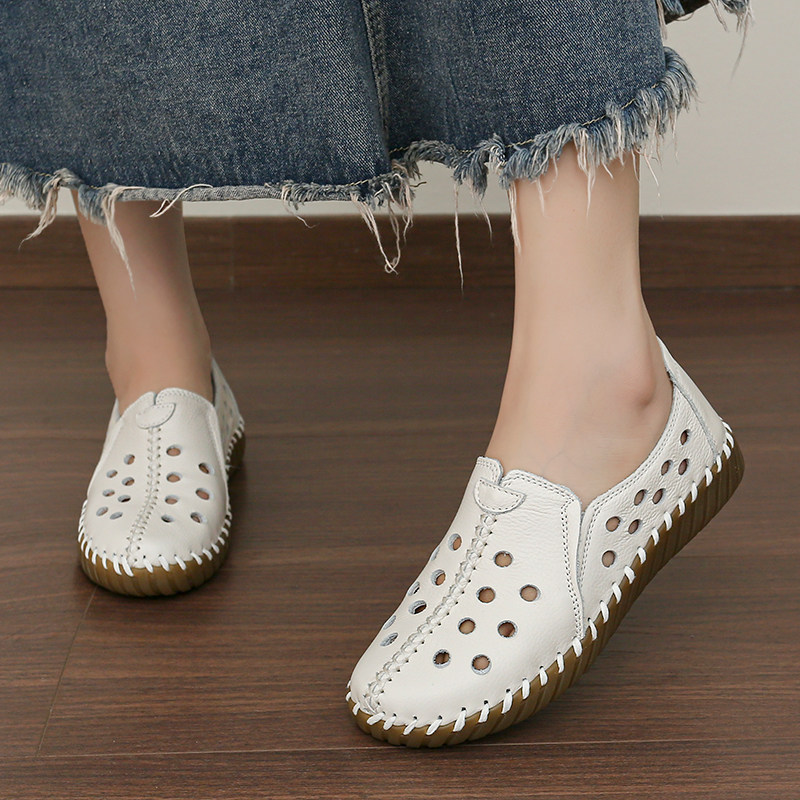 头层牛皮镂空女鞋夏季薄款休闲凉鞋软底妈妈鞋不累脚洞洞皮鞋女士
