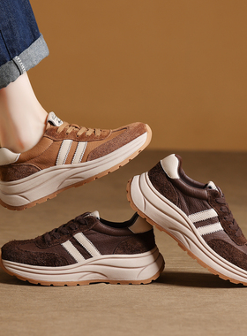 头层牛皮厚底阿甘鞋女2025新款百搭休闲运动鞋华夫鞋鞋增高老爹鞋