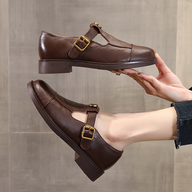 【里外全皮】粗跟黑色单鞋女2025款春秋头层牛皮软底玛丽珍小皮鞋