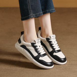头层牛皮小白鞋 女2025新春秋平底防滑透气百搭运动休闲皮面老爹鞋