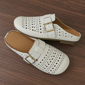 女夏2026新复古透气软底勃肯洞洞凉拖 镂空包头半拖鞋 里外全皮