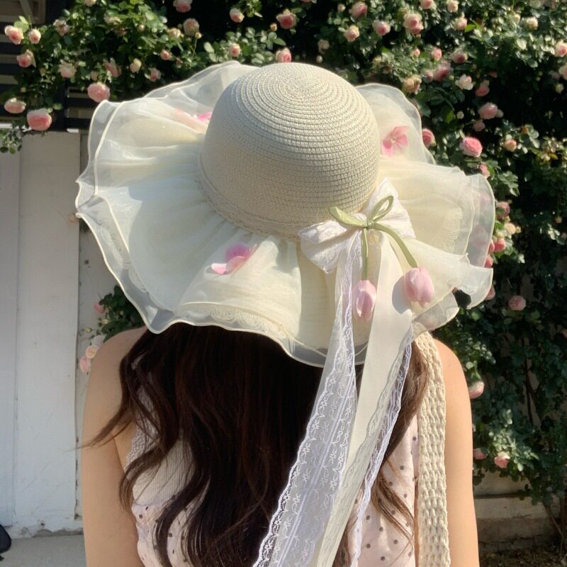 甜美花朵蕾丝飘带草帽女夏季度假风海边出游沙滩帽防晒遮阳太阳帽