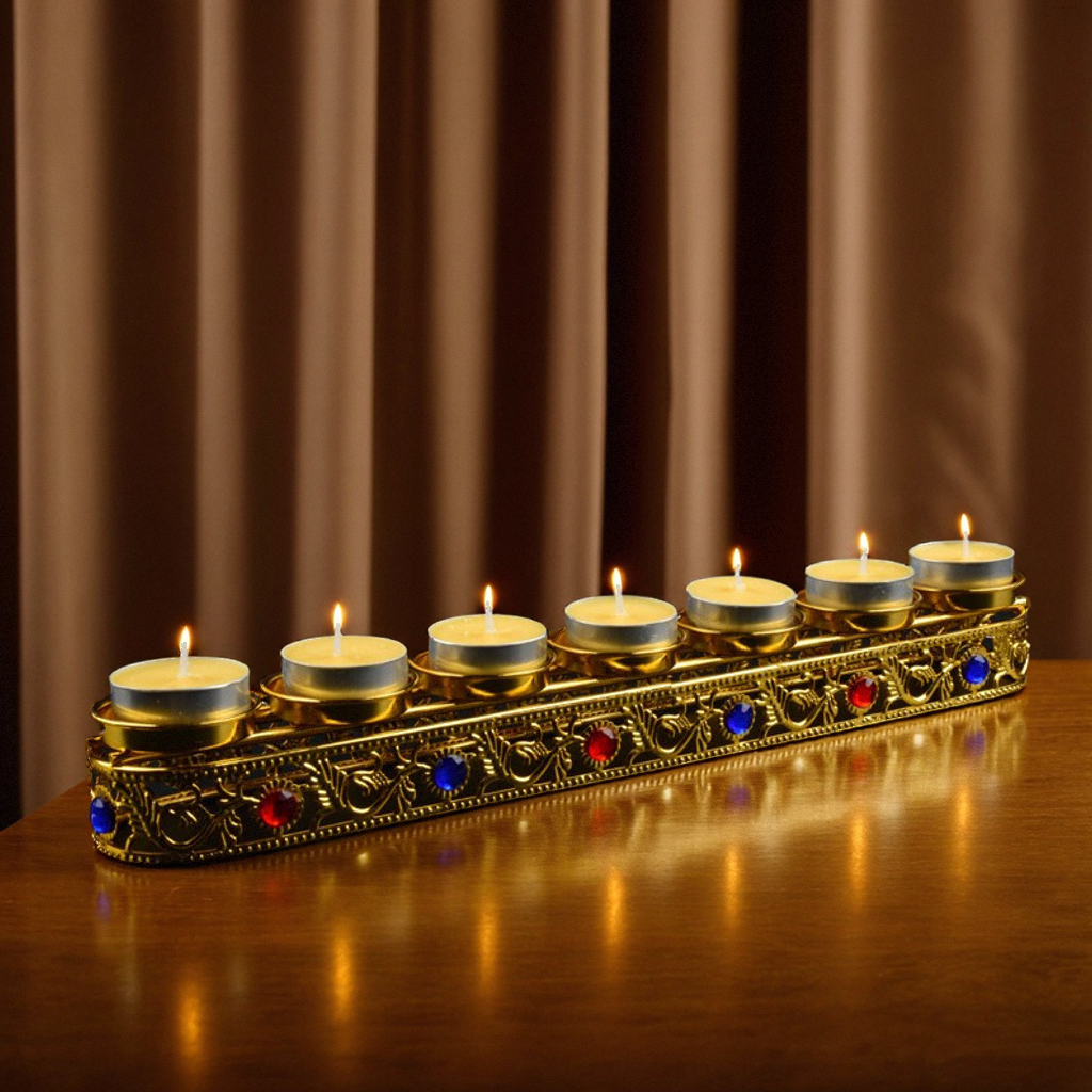 藏式酥油灯座合金宝石镶嵌佛前供灯单排七星酥油灯座长明蜡烛灯架