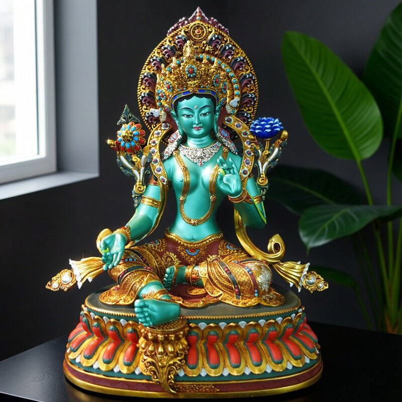 藏式纯铜绿度母佛像尼泊尔工艺彩绘绿度母佛像藏密宗手工錾刻家用