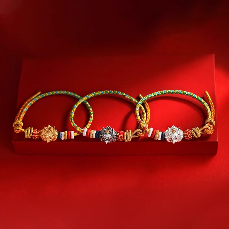 藏式S925纯银手绳民族风手链五色编织手绳手饰本命年做旧银镀金