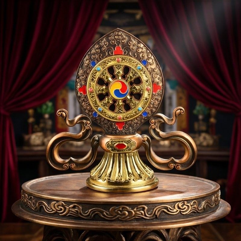 藏式法轮摆件合金藏传密宗法器复古色法轮轮王七政宝吉祥家用供奉