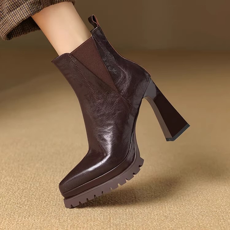 复古尖头防水台高跟短靴女真皮