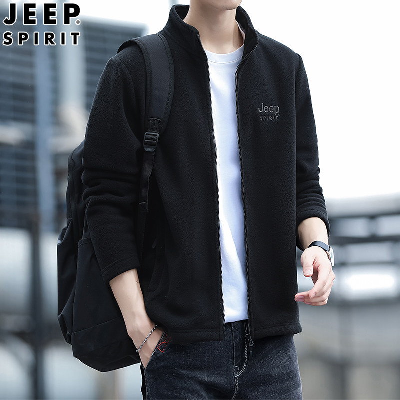 JEEP吉普正品抓绒开衫卫衣男2026秋冬季加绒外套宽松立领夹克上衣