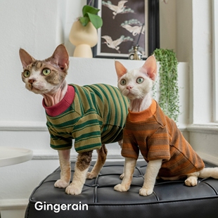 德文猫衣服棉质华夫格无毛猫条纹圆领打底衫 GINGERAIN T恤小卫衣