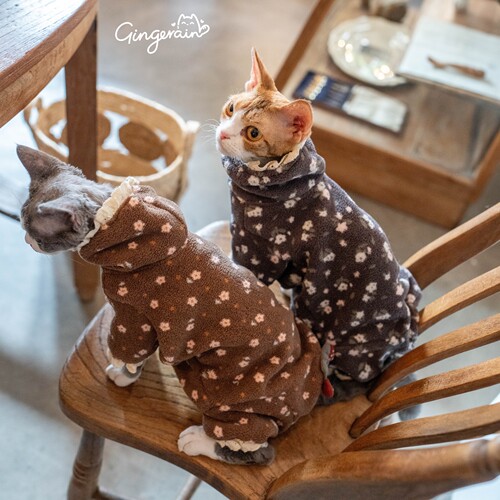 GINGERAIN 加绒四腿德文猫无毛猫衣服碎花保暖高领护肚卫衣
