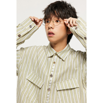 UHUZZ连排扣条纹衬衫长袖衬衣