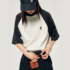 UHUZZ亦树复古撞色拼接插肩短袖情侣宽松T恤休闲百搭美式上衣男女