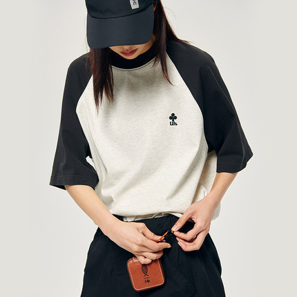 UHUZZ亦树复古撞色拼接插肩短袖情侣宽松T恤休闲百搭美式上衣男女