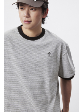 UHUZZ 26SS UH字母刺绣细条纹短袖日系复古宽松休闲圆领T恤男女