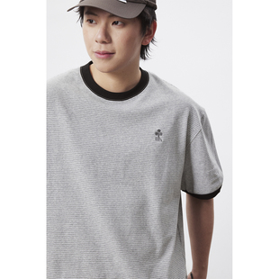 日系复古宽松休闲圆领T恤男女 UH字母刺绣细条纹短袖 UHUZZ 26SS