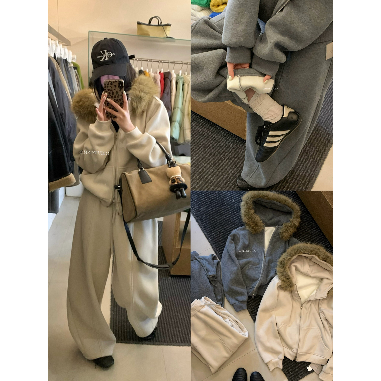 MZI STUDIO-绒连帽舒适卫衣外套+弯刀松紧腰抽绳休闲裤套装111269