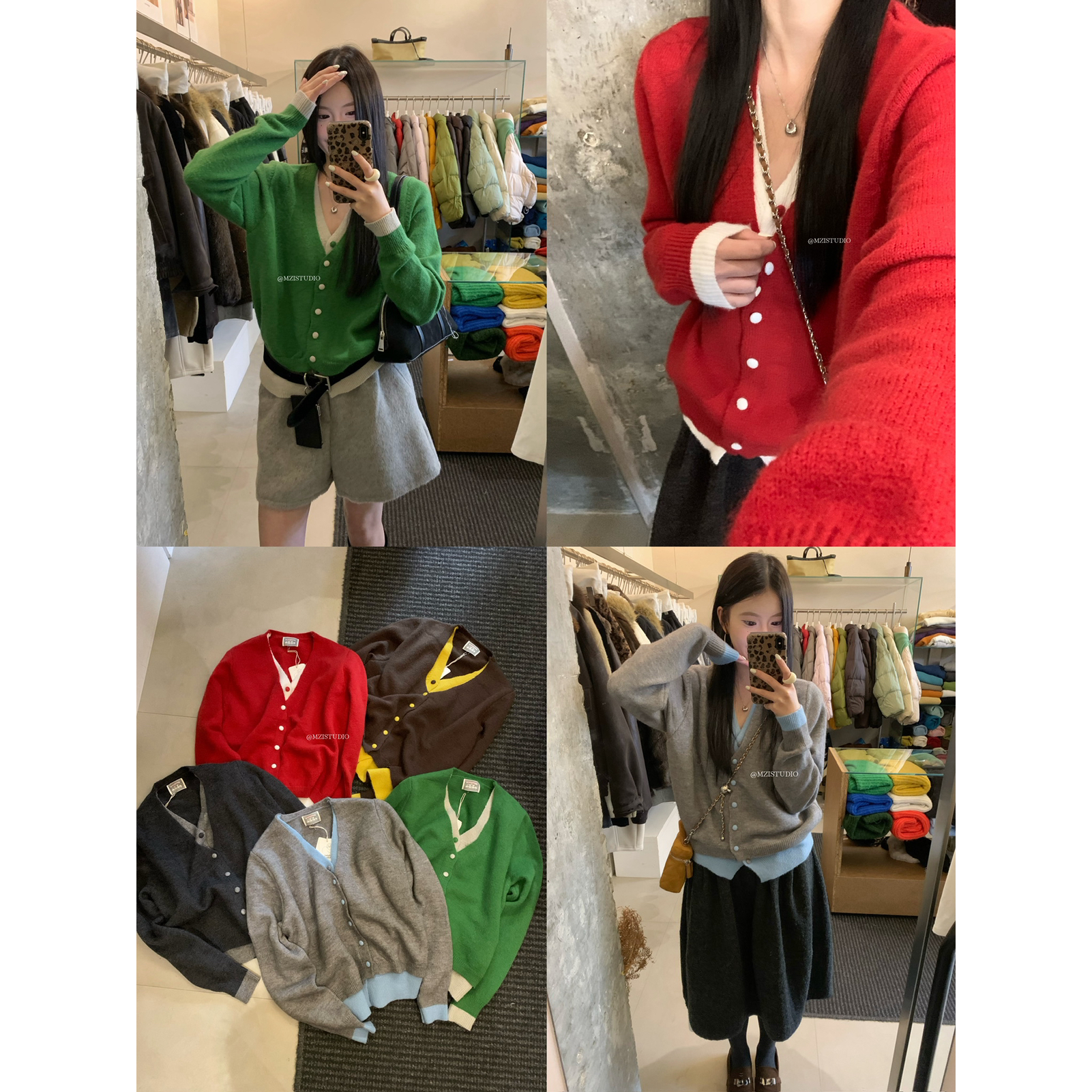 MZI STUDIO-系冬日撞色假两件v领纽扣松弛随性开衫针织开衫25188