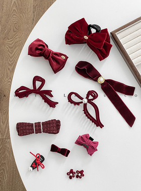 法式复古红色系发饰合集~丝绒布艺蝴蝶结鲨鱼夹发量多大号抓夹女