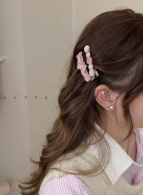 FUNCOCO｜韩国进口复古丝绒蝴蝶结珍珠刘海发夹高级感侧边鸭嘴夹