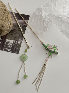 玉绿色流苏新款发簪高级感新中式金色盘发器现代日常簪子发张步摇