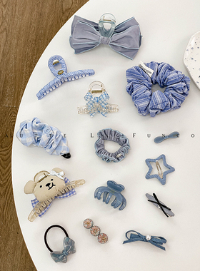 有氧天空蓝发饰合集｜韩系休闲蓝色格子香蕉夹竖式防滑高马尾发夹