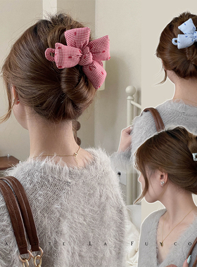 FUNCOCO｜韩系格子蝴蝶结后脑勺盘发鸭嘴夹开车舒适不硌头鲨鱼夹