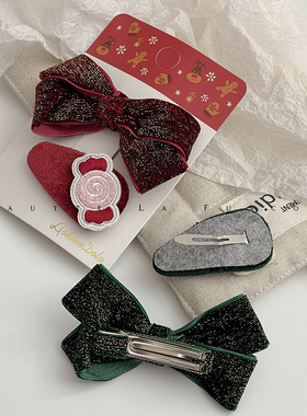 FUNCOCO｜甜美新年丝绒蝴蝶结可爱秋冬新款儿童刘海发夹侧边BB夹