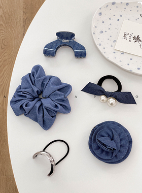 韩国东大门牛仔蓝色系玫瑰花朵鲨鱼夹盘发夹子刘海发夹秋冬