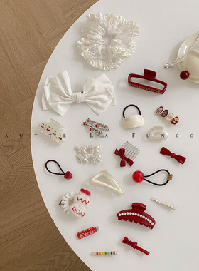 少女复古感红色~法式浪漫蕾丝大肠发圈头绳发量少半扎发醋酸抓夹