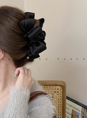 FUNCOCO｜原创高级显发量多黑色缎面蝴蝶结大号后脑勺盘发鲨鱼夹