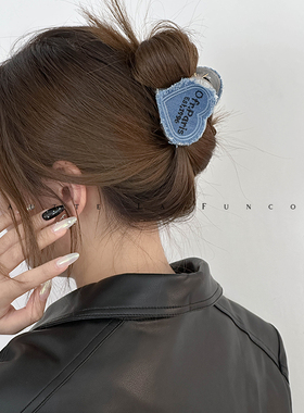 甜酷小众毛边牛仔刺绣爱心鲨鱼夹短发抓夹后脑勺头发夹子韩国新款