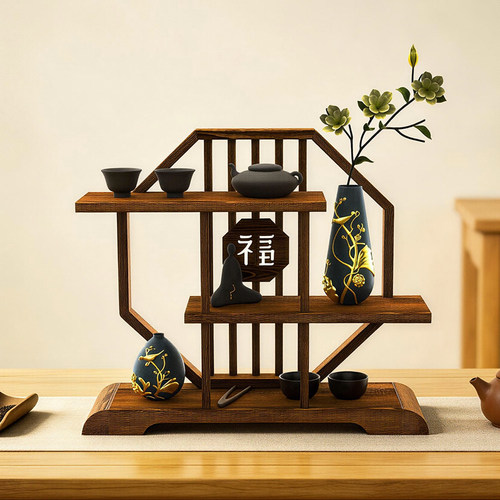 帕恩新中式实木桌面博古架收纳