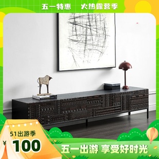 北欧侘寂风复古柚木手工雕花电视柜原创设计轻奢表情实木影视机柜