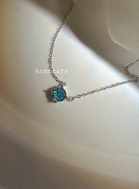 Anam11.11纯银玫瑰花瓣切超闪蓝钻蓝眼泪四爪项链女友礼物锁骨链