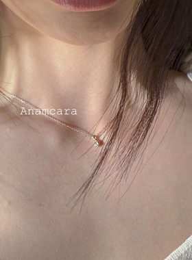 Anam11.11日系海蓝宝3月诞生石mini水滴吊坠项链银镀金极细锁骨链