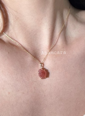 Anam11.11银镀金天然水晶草莓吊坠项链爱情桃花好运礼物