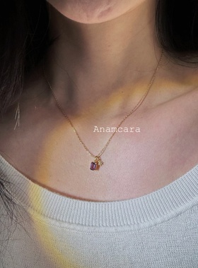 Anam1.5天然紫水晶吊坠好运项链护佑马年本命年银镀K金方形锁骨链