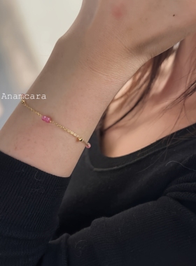 纯银镀金天然红宝石米珠手作手链