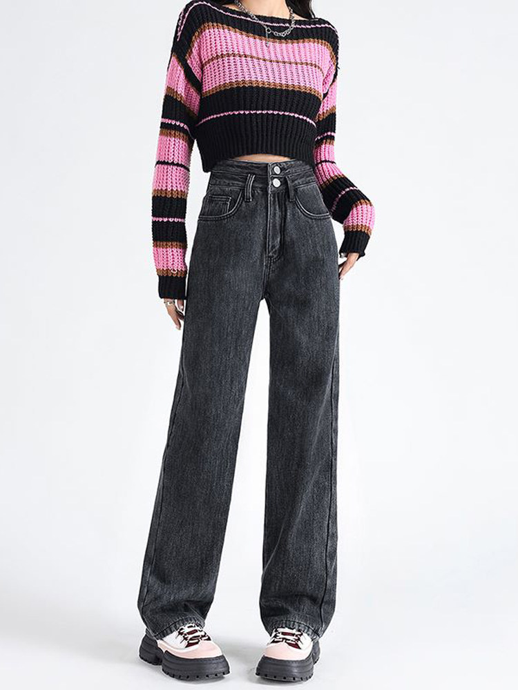 VINTAGE PLUSH THICK JEANS WOMENS AUTUMN AND WINTER NEW HIGH-WAISTED SLIM LOOSE STRAIGHT MOP NARROW WIDE-LEG PANTS