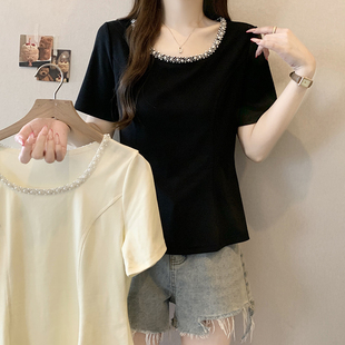 2026夏装新款胖mm大码女韩系设计感重工钉珠U领短袖T恤