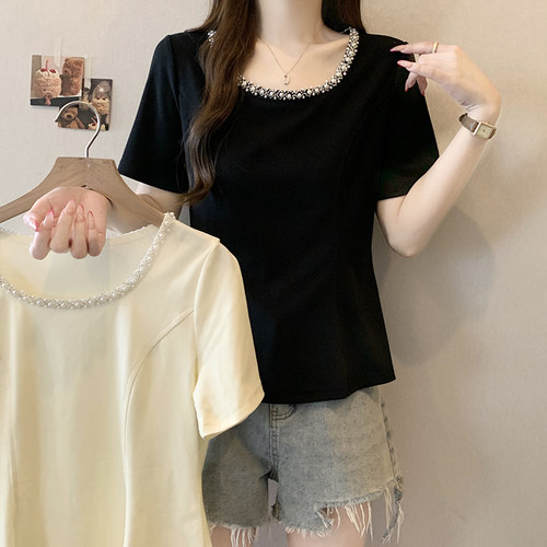 2026夏装新款胖mm大码女韩系设计感重工钉珠U领短袖T恤