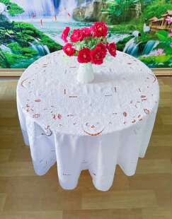 纯麻布手工滿绣扣锁抽絲多种工艺圆桌布