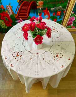 麻布手工刺绣平绣抽絲圓桌布180*180cm