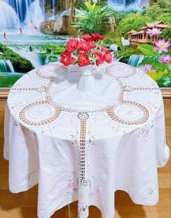 純棉手勾针拼布手绣花圆桌布 180 180cm