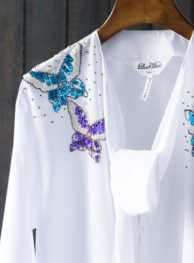 大码女士手工钉珠 蝴蝶领 女衬衫，42.44.46.码有货