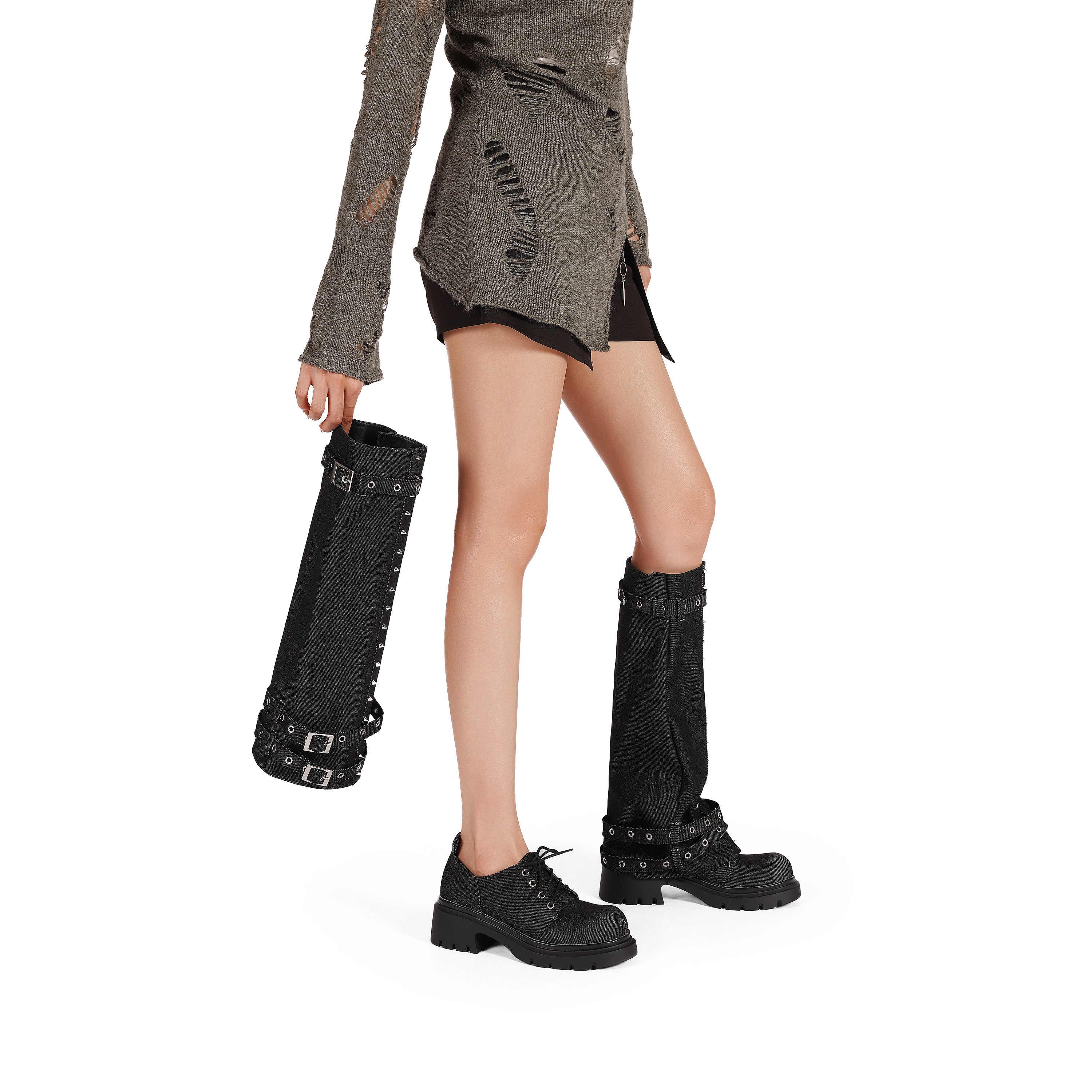 欧美外贸两穿裙边裤管靴铆钉皮带扣大码及膝靴系带大头皮鞋女短靴