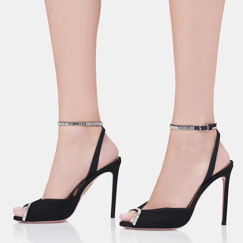 欧美外贸网纱露趾鱼嘴鞋水钻脚腕绑带大码细高跟鞋夏季中空时装鞋