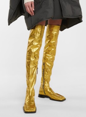 外贸欧美金黄色变装COS演出走秀平底过膝长靴弹力显瘦方头高筒靴